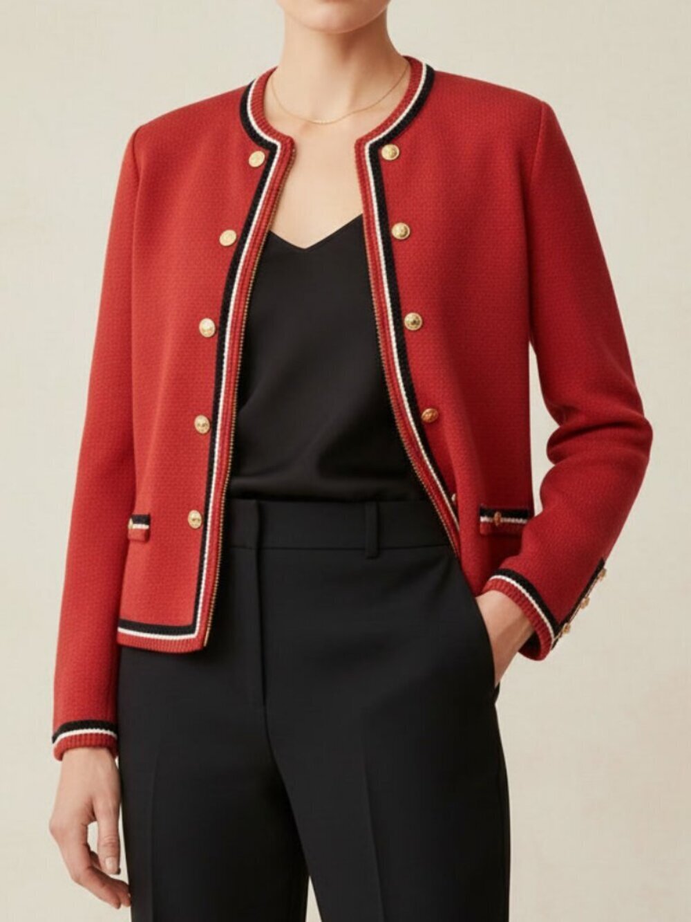 St. John Collection Santana Knit Jacket Red Gold Button Trim Zip Front Blazer 4